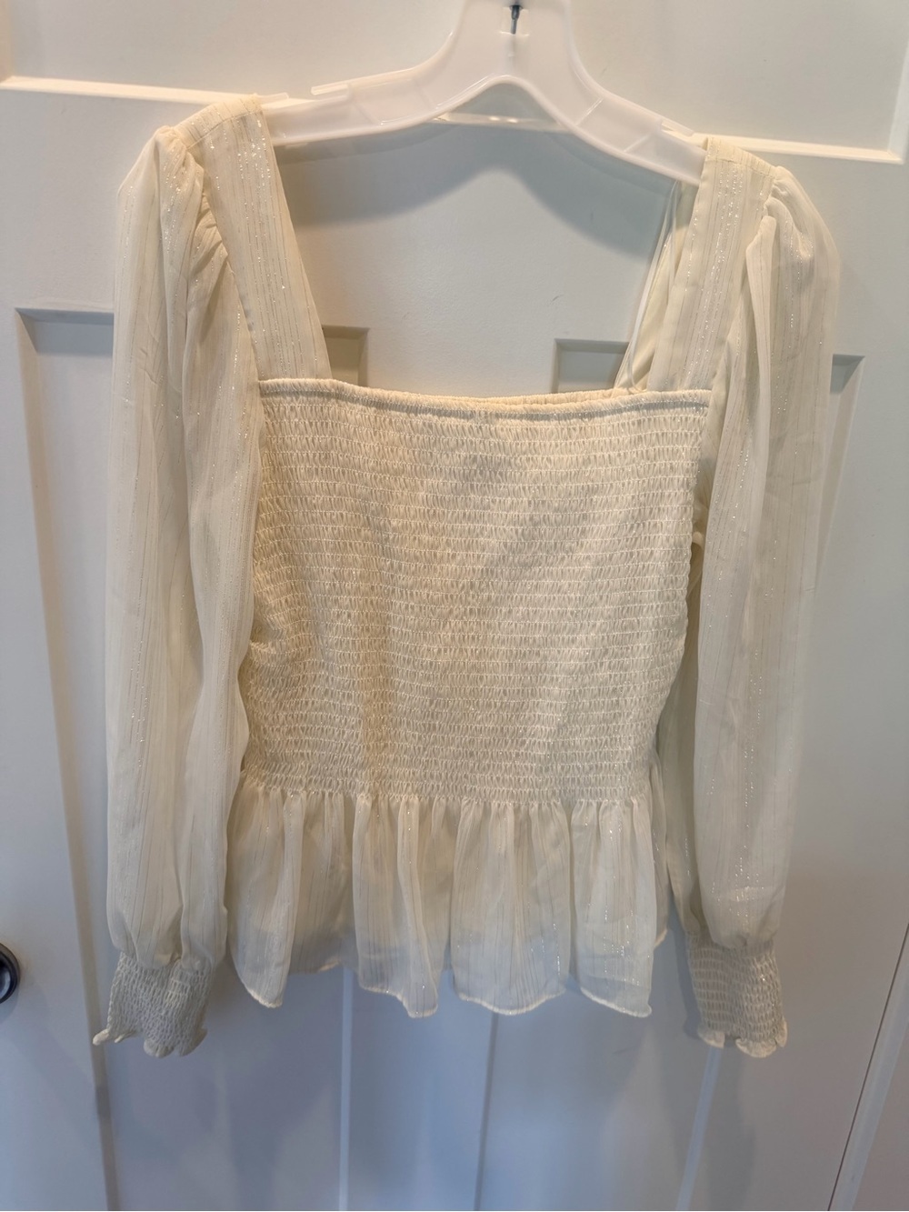 Nine West Ivory Smocked Peplum Square Neck Shimmer Blouse Medium